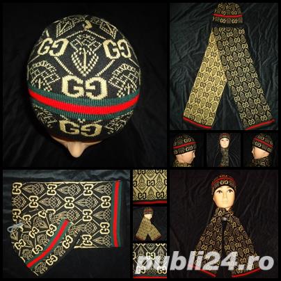 Set 2 in 1 barbati fular + fes made in italy bumbac gri / bej + negru + verde + rosu caciula 