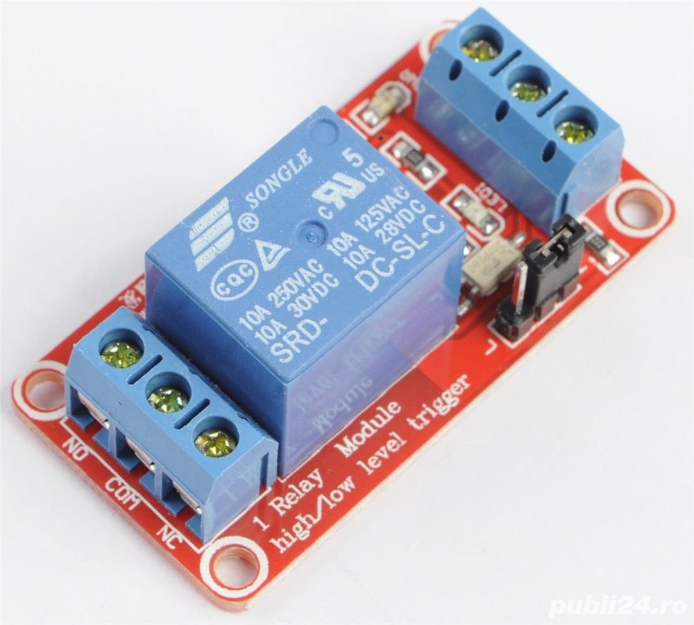 Modul cu 1 releu alimentare 5V, contact 10A - AC 220, shift level, optocuplor TTL relee Arduino auto