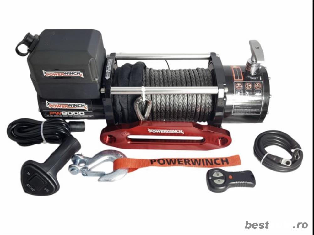 Troliu PW 8000 E SR cu coarda sintetica 12V “PowerWinch”- NOU