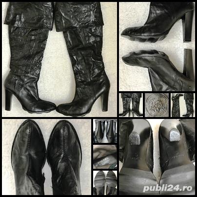 Cizme originale Diesel negre peste genunchi dama piele creponata toc gros 11 cm talpa in valuri