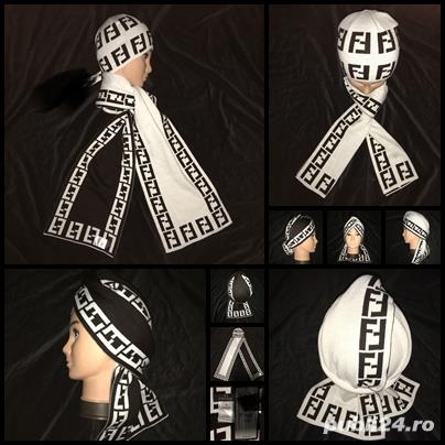 Set unisex fes + fular caciula sal dama barbati 100% bumbac alb negru