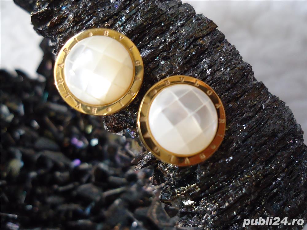 Cercei unisex rotunzi aurii patratele sidef aliaj antialergic surub cercelusi dama barbati + cutie 