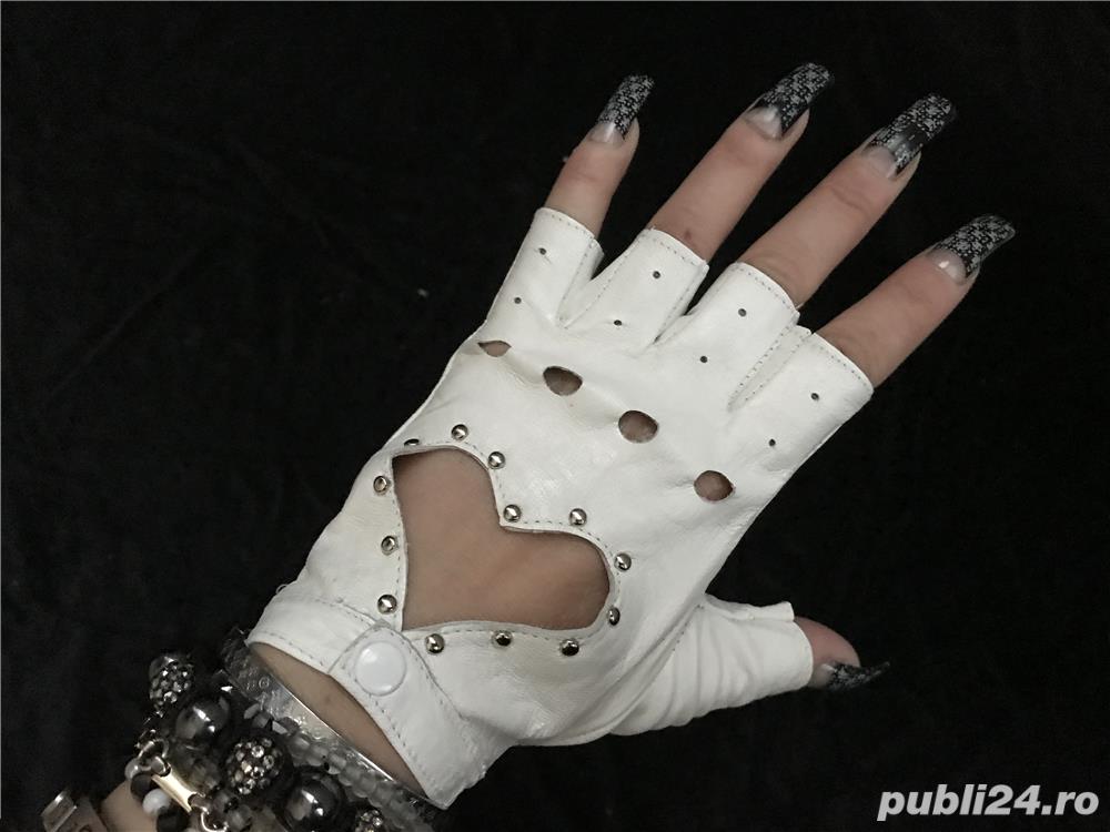 Manusi albe sexy piele naturala dama club soferite inima decupata accesorii argintii casual elegante