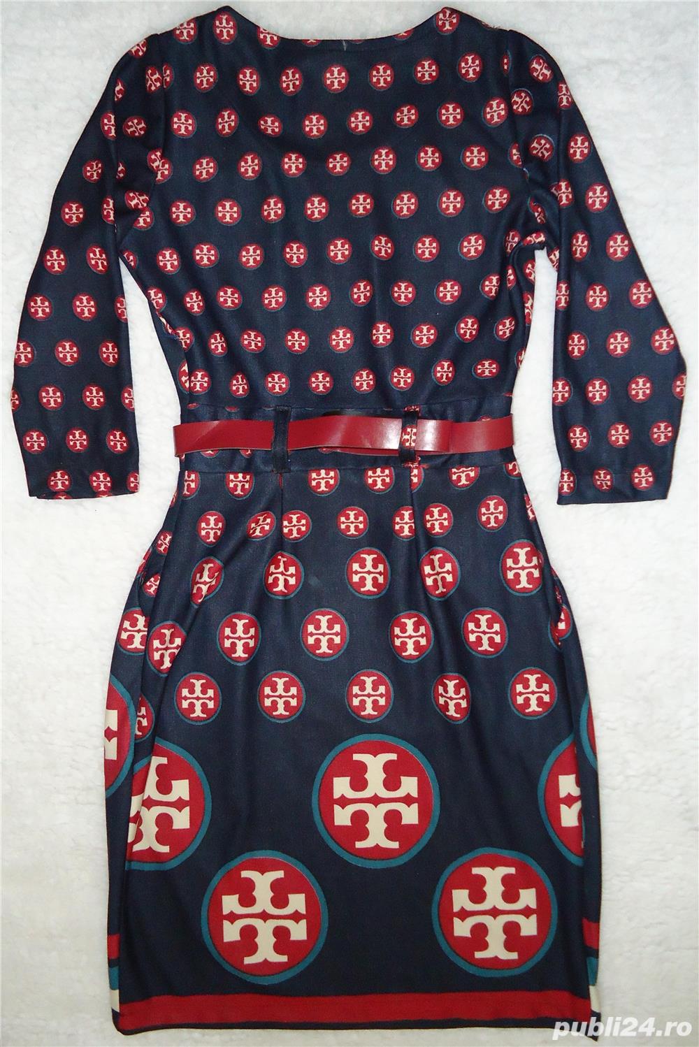 Rochie dama maneca trei sferturi Tory Burch buzunare curea piele ecologica burgundy cocktail office