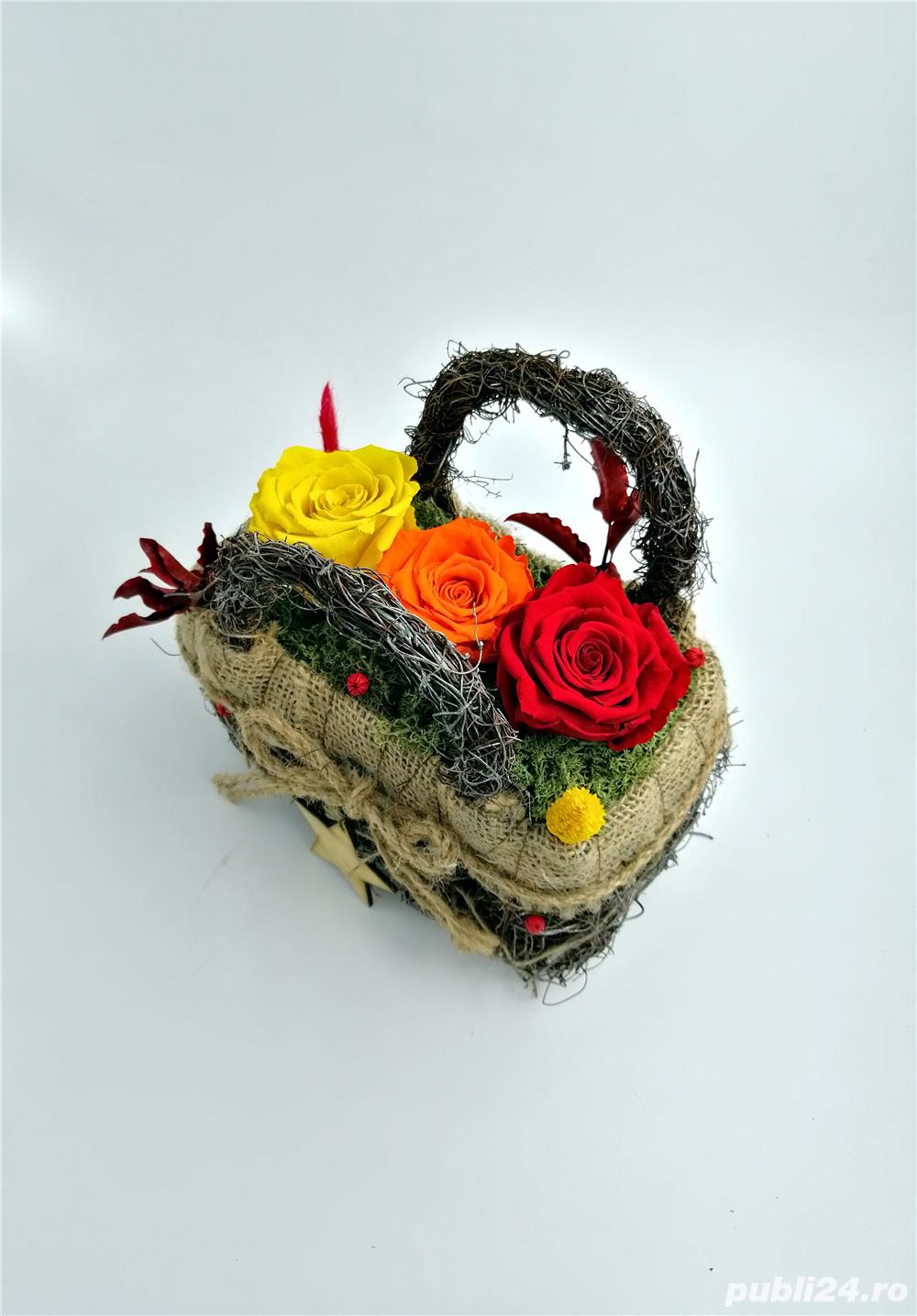 Aranjament 3 trandafiri criogenati Wide Flowers in geanta de padure 