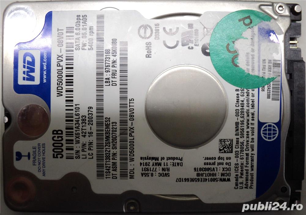 Hard Disk-HDD Western 500 Gb 2,5"-Defect CODE: WD5000LPVX-08VOT