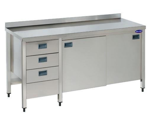 Masa inox cu rebord, polita inferioara, usi glisante si sertare, 1400X600X850