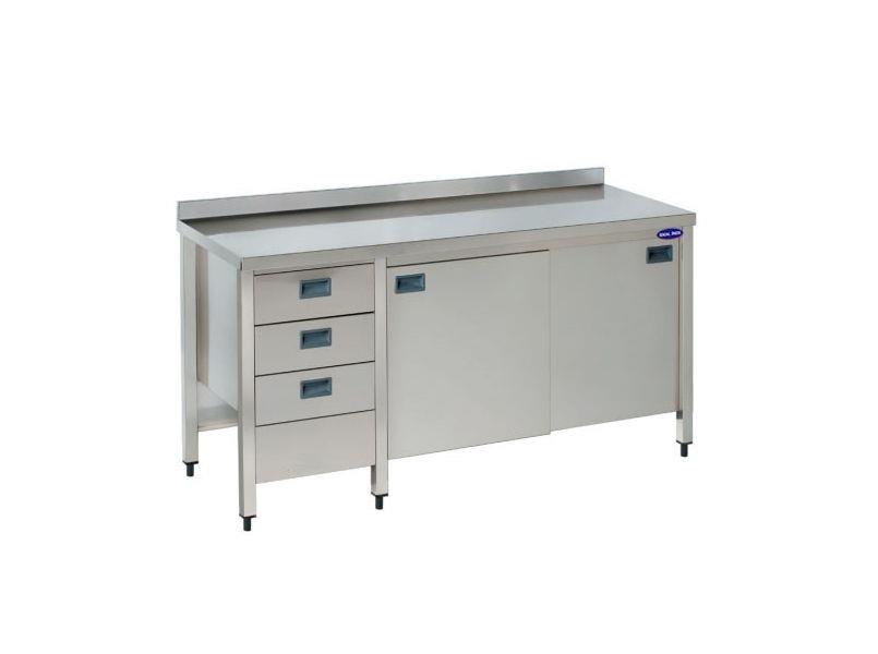 Masa inox cu rebord, polita inferioara, usi glisante si sertare, 1500X600X850
