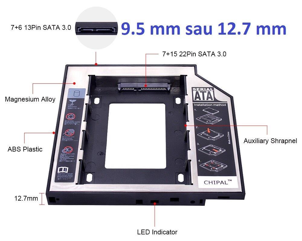 HDD / SSD Caddy - Adaptor CD-ROM la Hard Disk 9.5mm /12.7mm, SATA3, AL