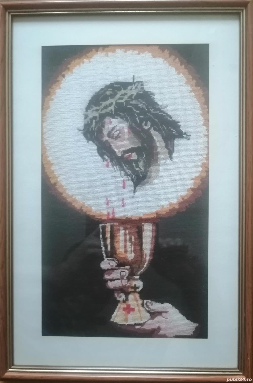 Isus cu pocalul, 16 x 29 cm suprafață cusută, înrămat   