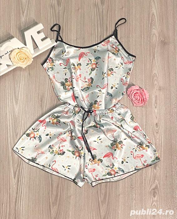 Neglijeu sexy dama satin imprimeu flamingo compleu noapte pijama femei 