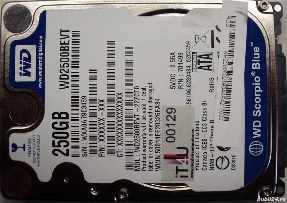 Hard Disk-HDD Sata 2,5" HDD-250 Gb Western WD2500BEVT-22ZCT0 Refurbished (Reset Factory) Zero ore