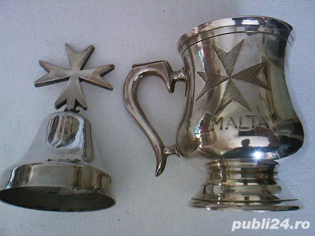 Cana, cupa vintage alpaca argintata si clopotel Cruce de Malta, simbol masonic