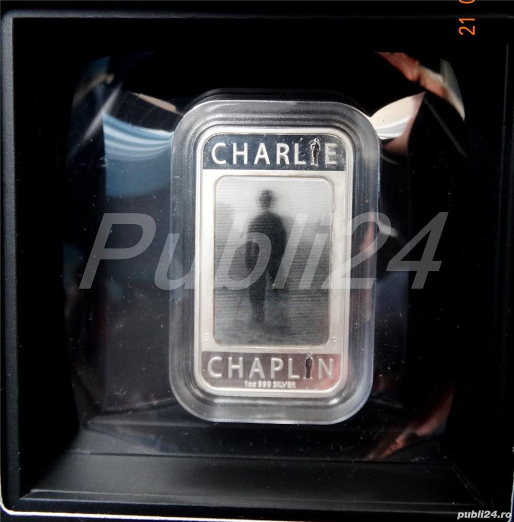 Moneda Silver 1OZ Ag pur 99.9 EDITIE comemorativa 100 ani Sir Charlie CHAPLIN cutie+vitrina+latex+cf