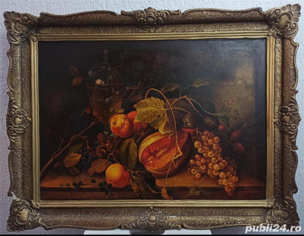 Tablou in ulei pe pânză, natură statică, reproducere Walscapelle, semnat, înrămat