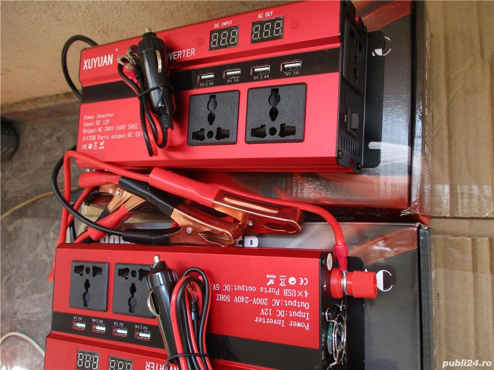 Invertor auto 12V 1600W reali putere pornire 2400W afisaj electronic clesti baterie cabluri pentru b