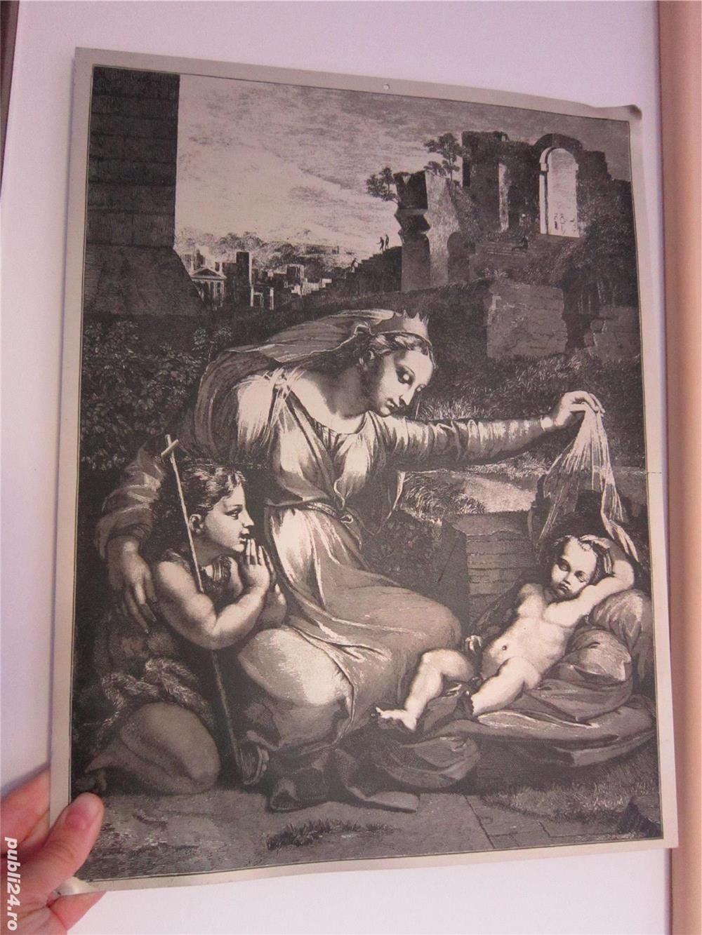 cadou rar Fecioara Maria cu Pruncul Iisus si Ioan Botezatorul copil serigrafie metal veche