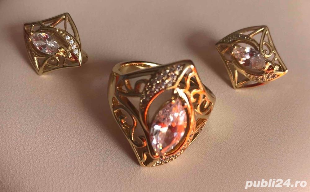 Seturi inel si cercei din aliaj de zinc, placat cu aur galben 14k (diferite modele)