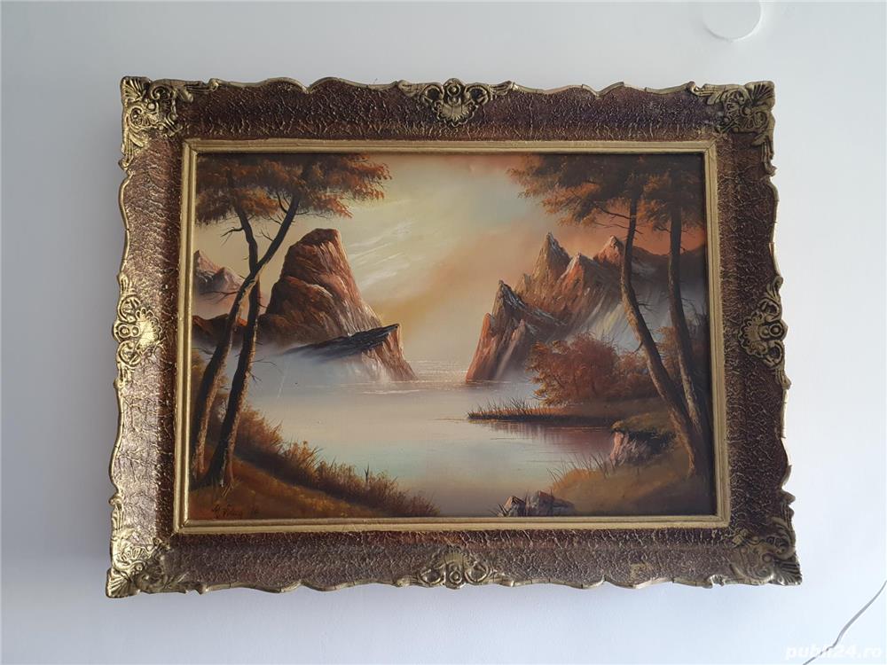 tablou mare cu rama originala pictura veche pe panza ulei