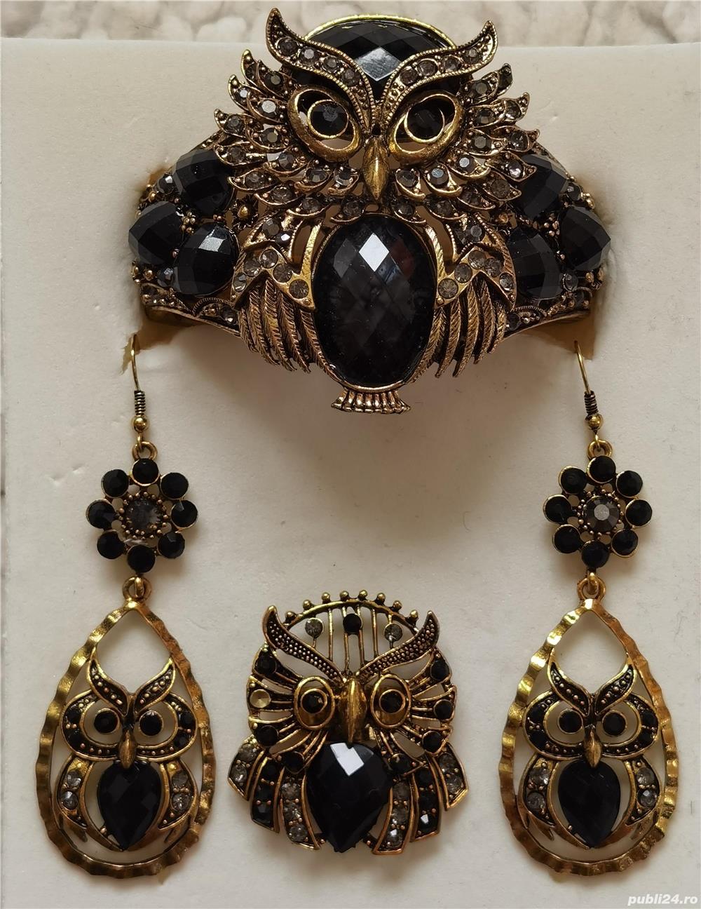 Set auriu bijuterii dama bufnite bratara cercei inel reglabil cristale