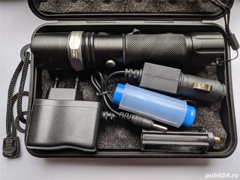 Lanterna led la cutie zoom + acumulator 18650 + 2 incarcator 220V 12V