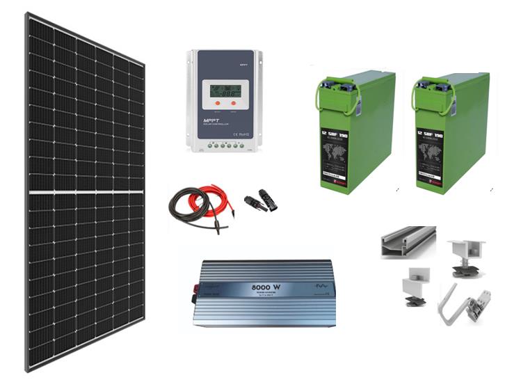  Sistem Kit OFF-GRID complet 740W pe 24V cu 2 panouri fotovoltaice solare mono 370W, baterii solare 