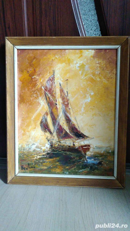 Tablou pictat corabie cu panze pe Mare semnat Hawkins Agnes 1977