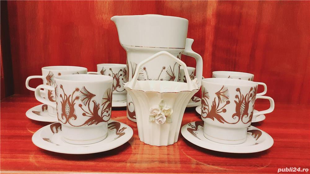 Set porțelan fin cești farfurii cana Coșuleț porțelan cadou