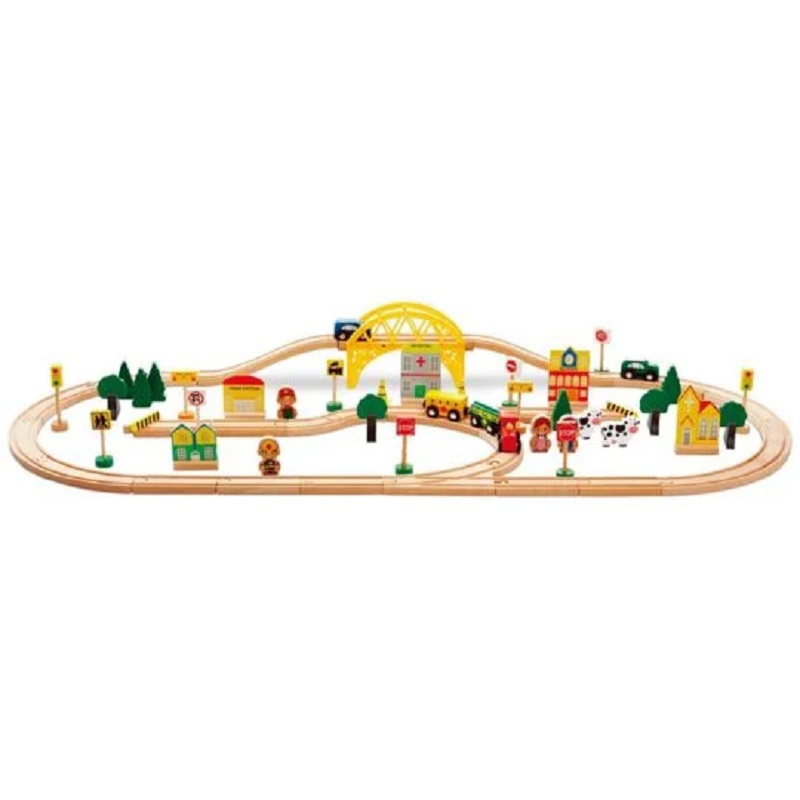 Vand Set Circuit de tren din lemn 112x45 cm, 80 Piese, 3 Ani+, NOU, Pret 149 Lei