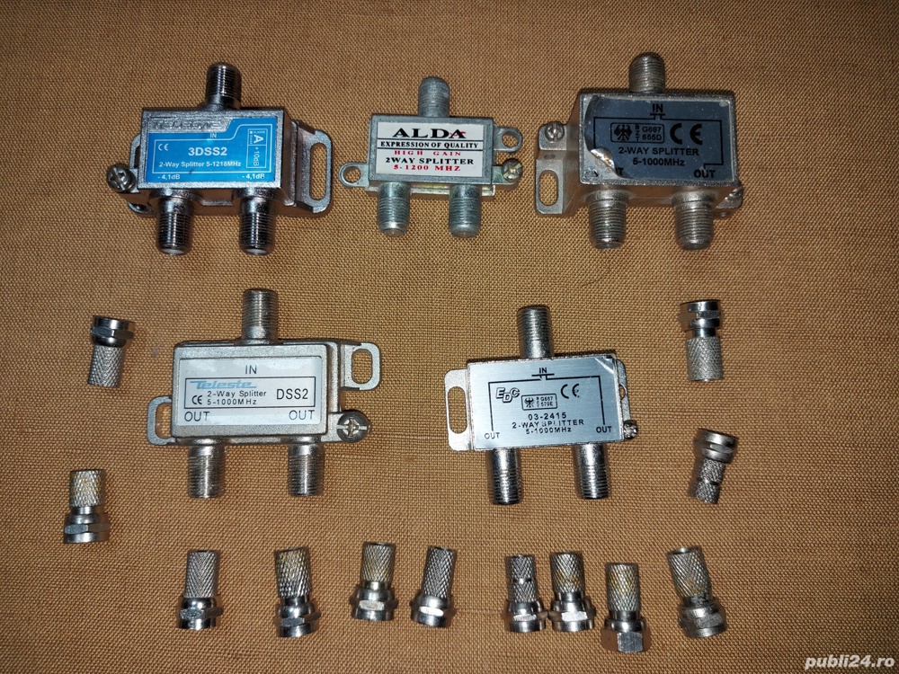 Splitter TV pentru cablu coaxial, 3 Iesiri, 1218 MHz, metallic + mufa spliter F 8.6 Crom/1321, (5 bu