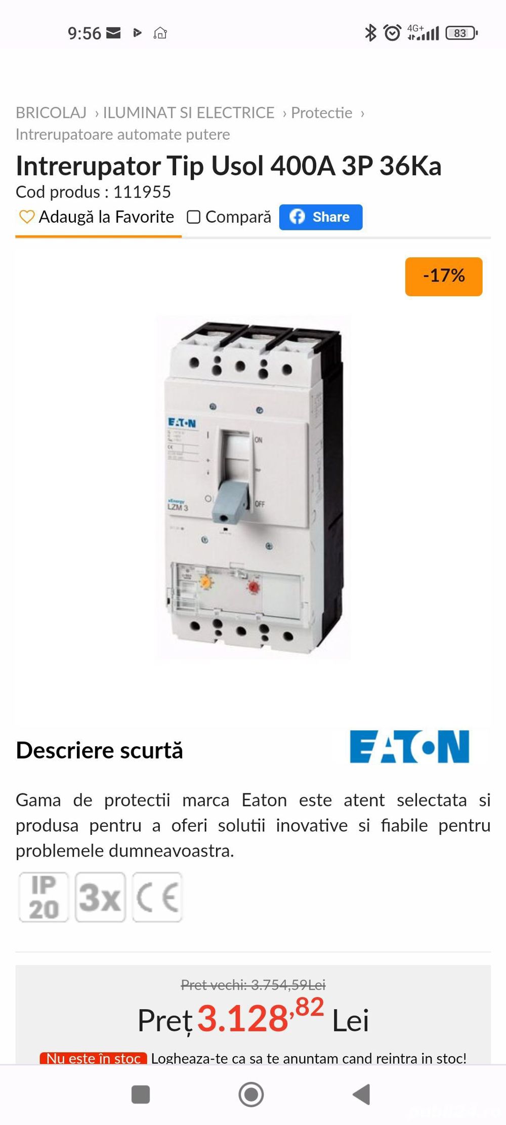 Întrerupător putere USOL 400A 3P 36kA, Eaton LZMC3-A400-I