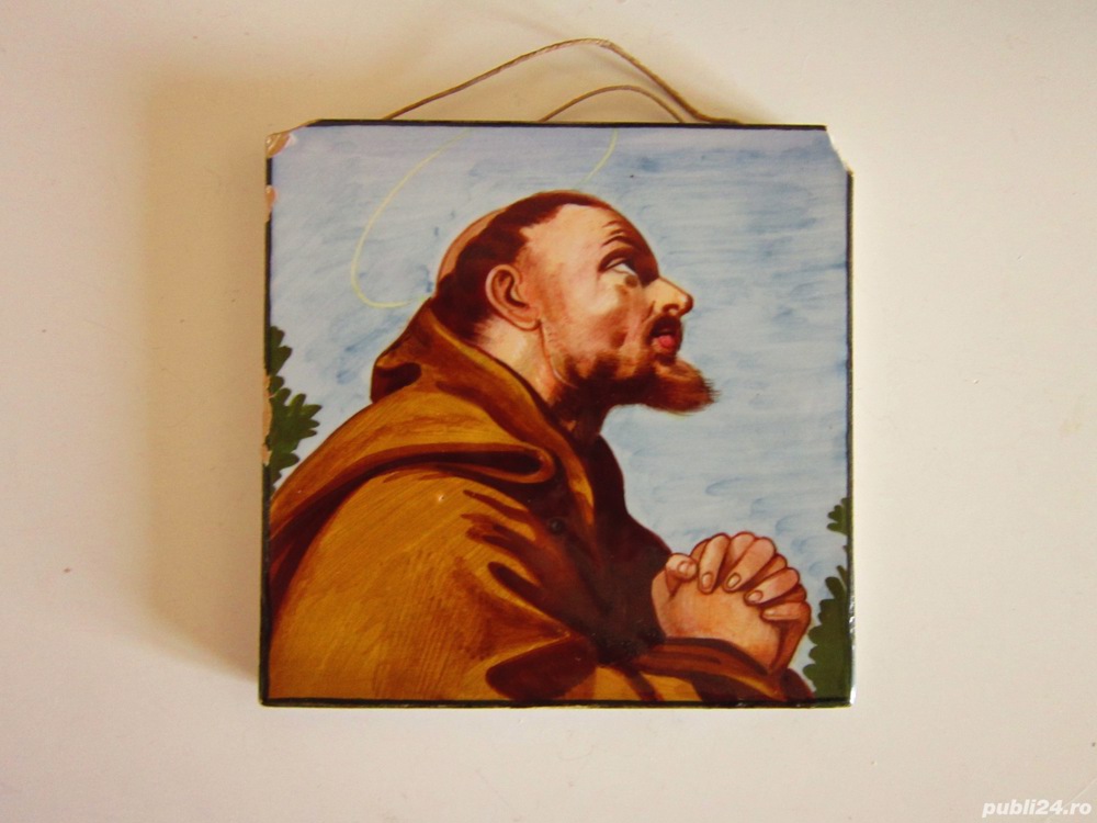 cadou deosebit Sf.Francisc de Assisi placa ceramica vintage pictata 1956 Italia 
