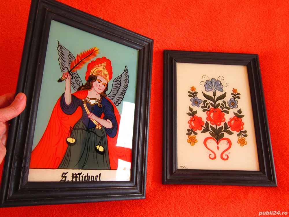 cadou rar Sfantul Mihail +Flori , pictura pe sticla,semnate, rame lemn, Germania