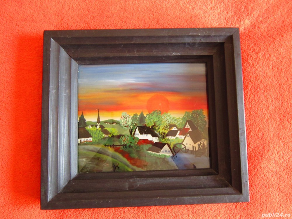 cadou rar tablou pictura pe sticlă Sat cu moară si biserica la apus,semnat 