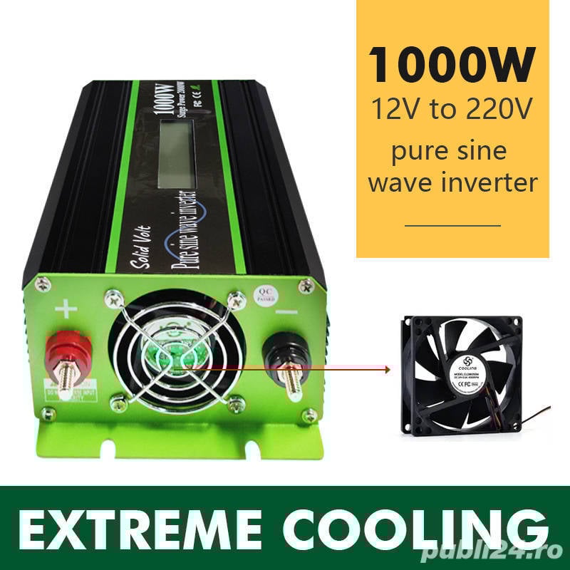 Invertor sinus pur, 1000/2000W,12 sau 24V, campervan, rulotă, auto-rulotă