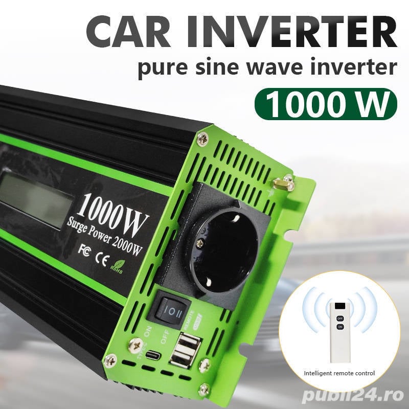 Invertor sinus pur, 1000W putere continuă,12/24V, rulotă, auto-rulotă, campervan