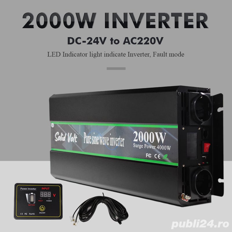 Invertor sinus pur, 2000W putere continuă,12/24V, rulotă, auto-rulotă, campervan