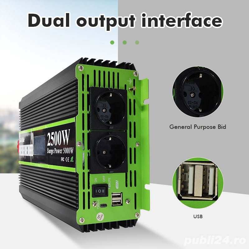 Invertor sinus pur, 2500W putere continuă,12/24V, rulotă, auto-rulotă, campervan