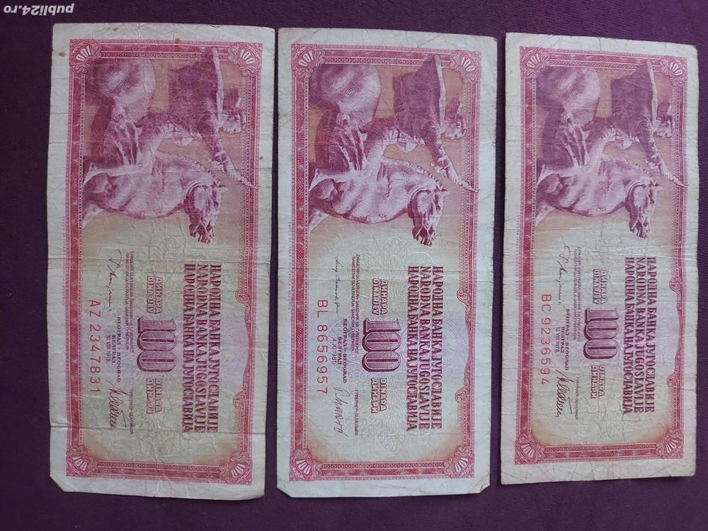 3 bancnote 100 dinari (2-1978, 1-1981) Iugoslavia