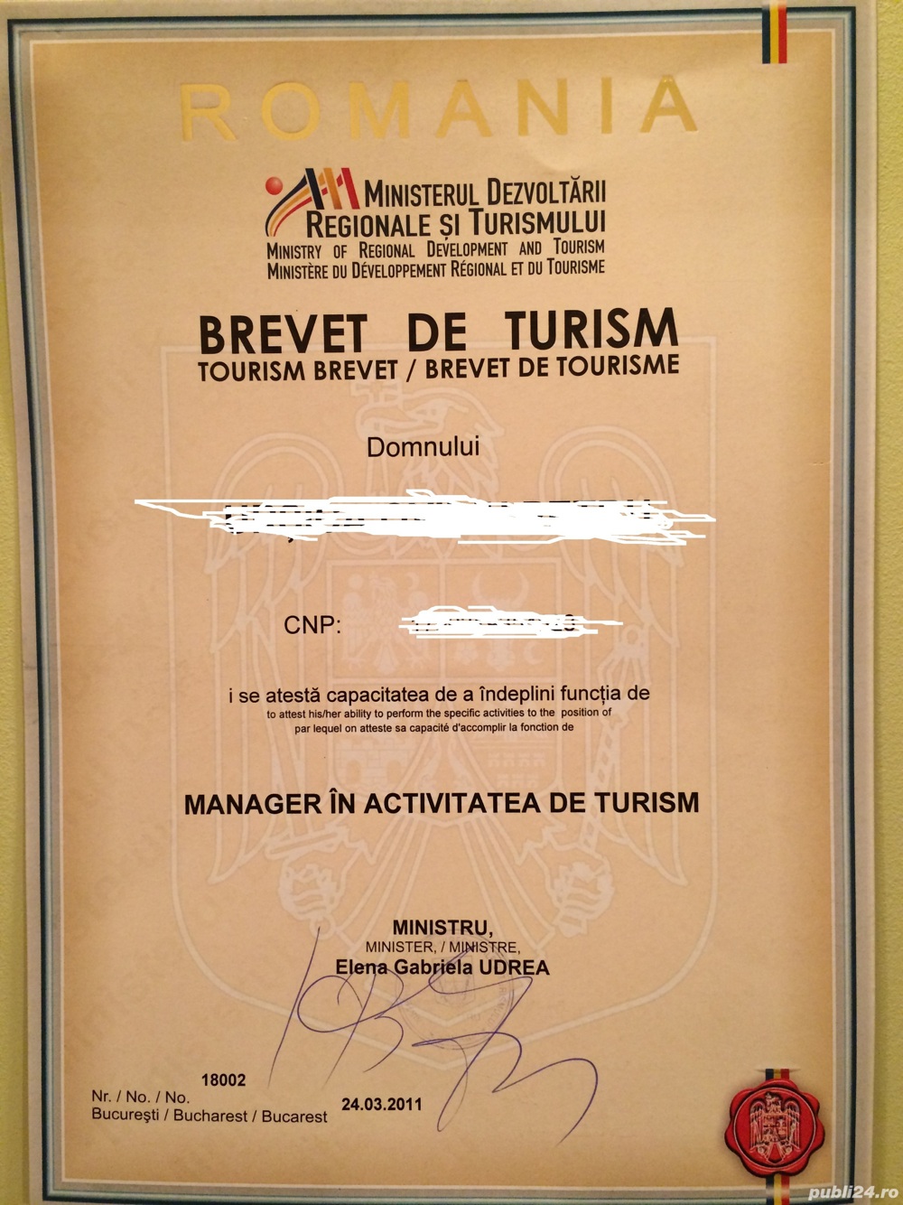 Brevet de Turism   Manager in activitatea de turism