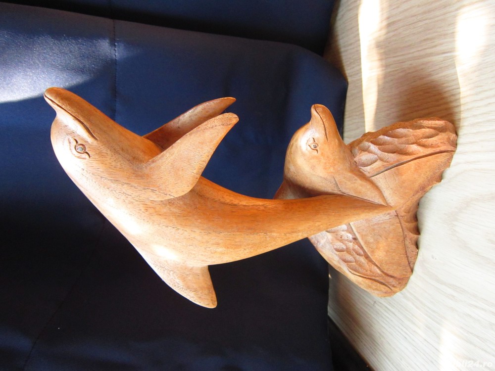 cadou rar feng shui Delfini sculptura superba de colectie vintage din lemn