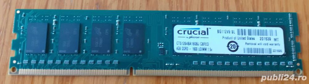 Memorie RAM Crucial CT51264BA160BJ.C8FED 4GB DDR3 - 1600 UDIMM 1.5v