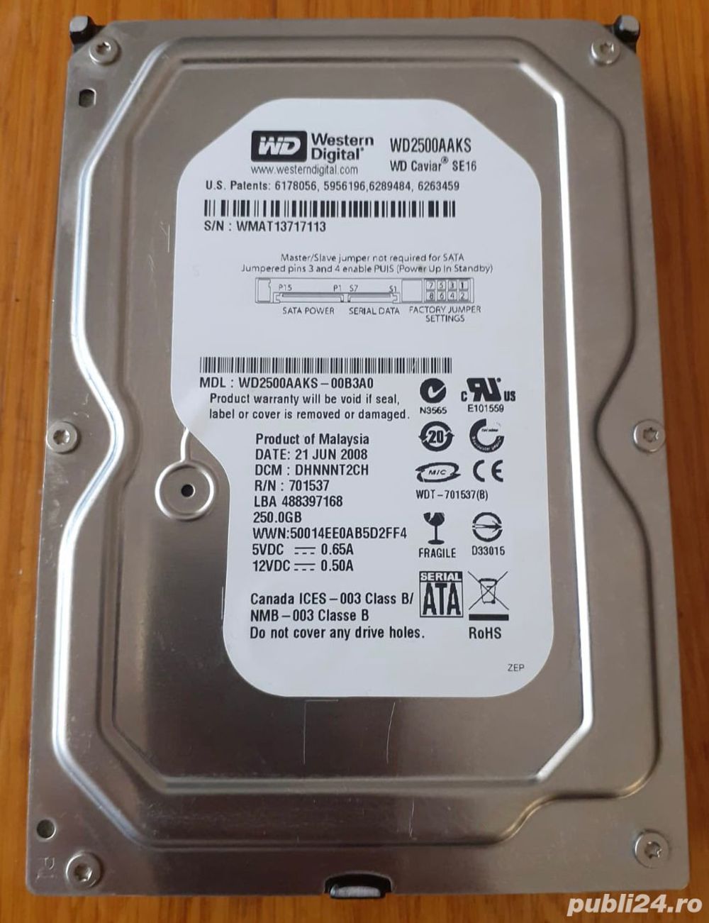 Hard Drive Western Digital, 250GB, 16MB, 7200rpm, SATA2, Model WD2500AAKS