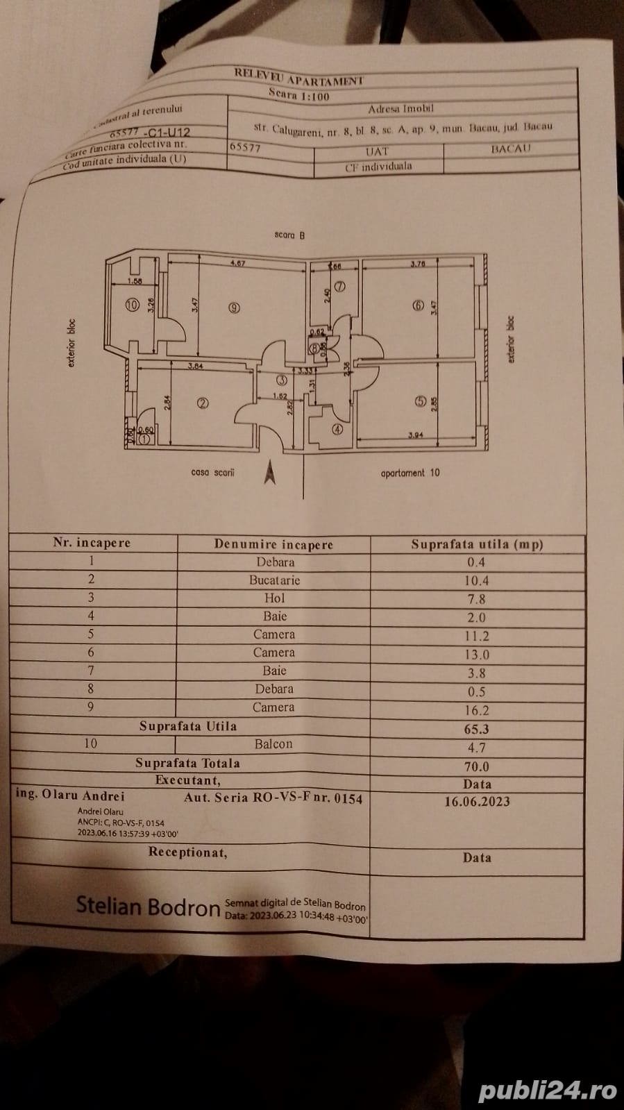 APARTAMENT 70 mp, 3 camere 2 bai 1 balcon decomandat