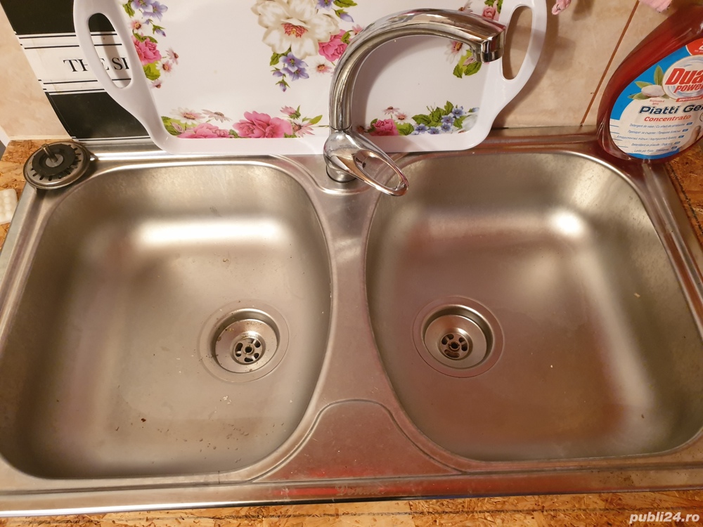 Chiuvetă inox, 2 cuve, cu baterie inclusă