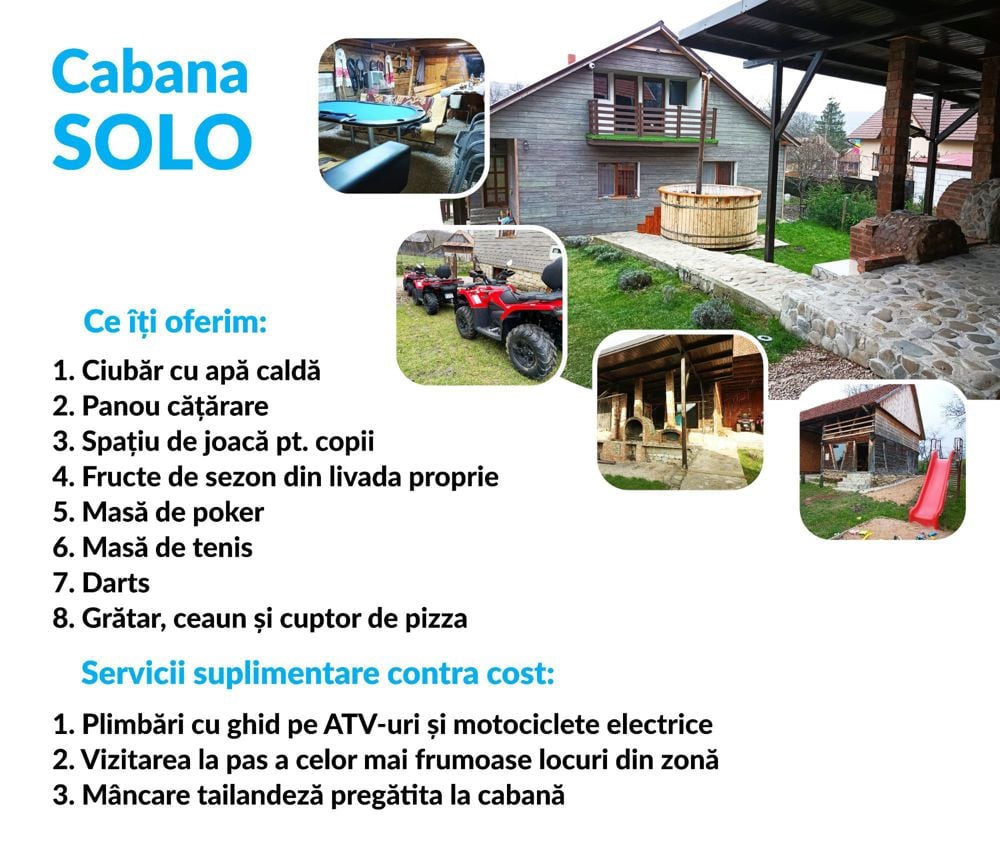 Cabana cu ciubăr, masa de tenis/poker, darts, teren de volei/badminton