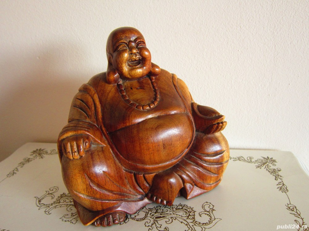 Happy Buddha fericire sculptura feng shui lemn Suar anii'60 -cadou rar