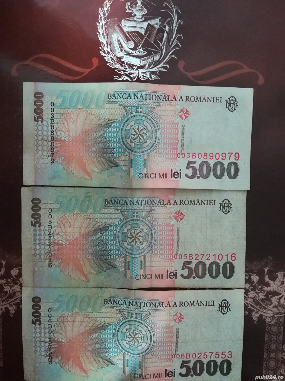 Vând lot de 3 bancnote de 5000 lei din 1998, seria 003B, 005B, 006B 