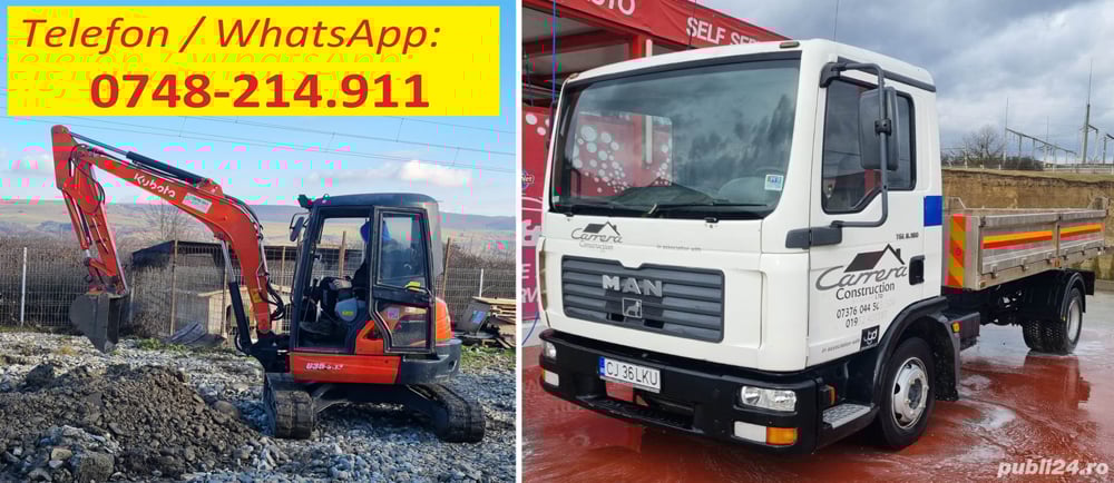 Inchiriez Minexcavator, dotat cu picon, cupe de 30 so 60 si taluz, Autobasculanta