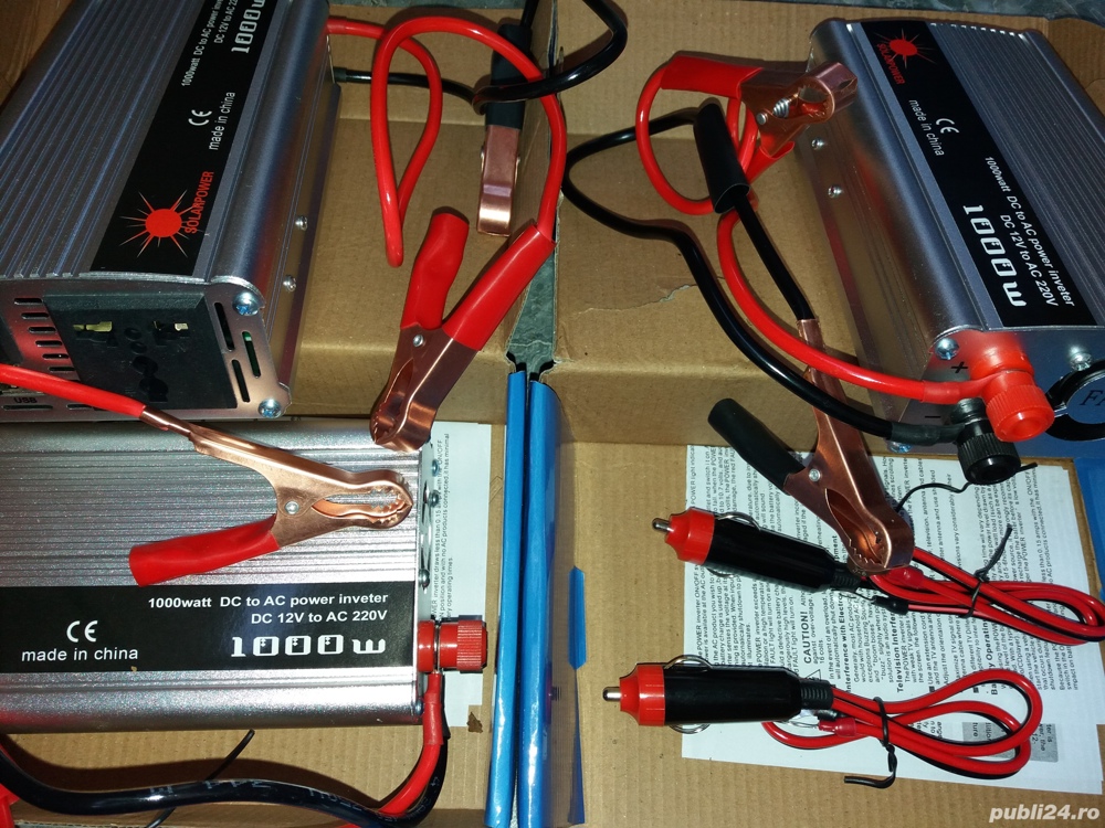 Invertor auto 12V 1000W reali putere pornire 2000W clesti baterie cabluri pentru bricheta auto 12V p